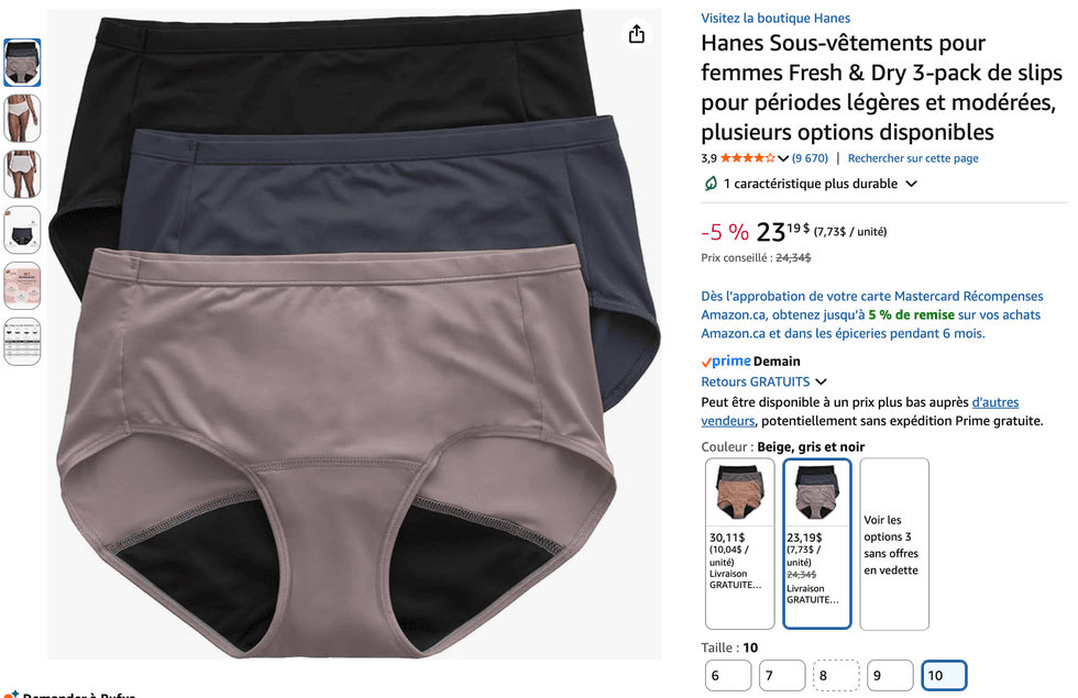 Sous-v\u00eatement menstruels Hanes vendus sur le Site Amazon Canada.