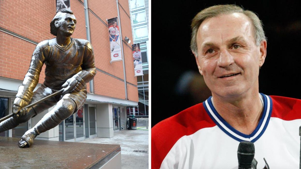 Statue de Guy Lafleur devant le Centre Bell. Droite : Guy Lafleur.
