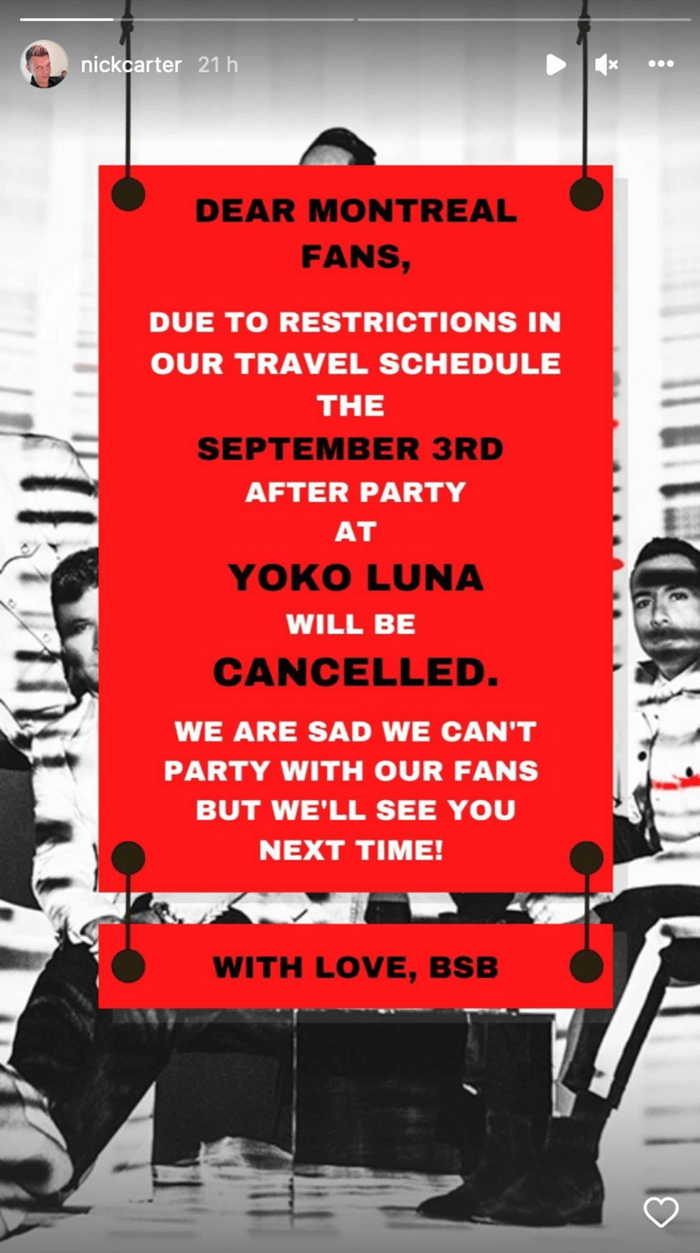 Story Instagram annulant l'after party.