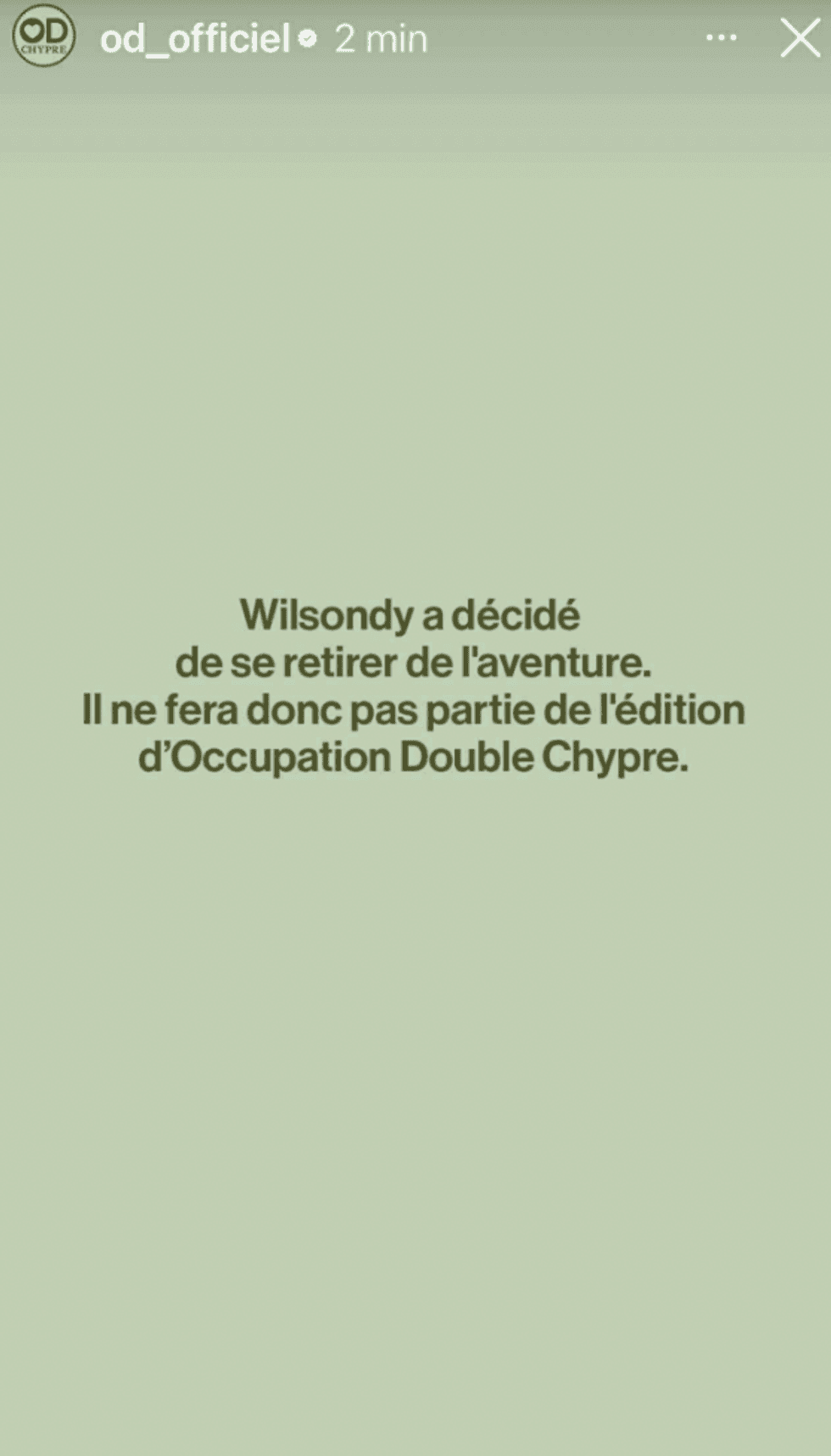 Story Instagram d'Occupation Double annon\u00e7ant le d\u00e9part de Wilsondy Paul.