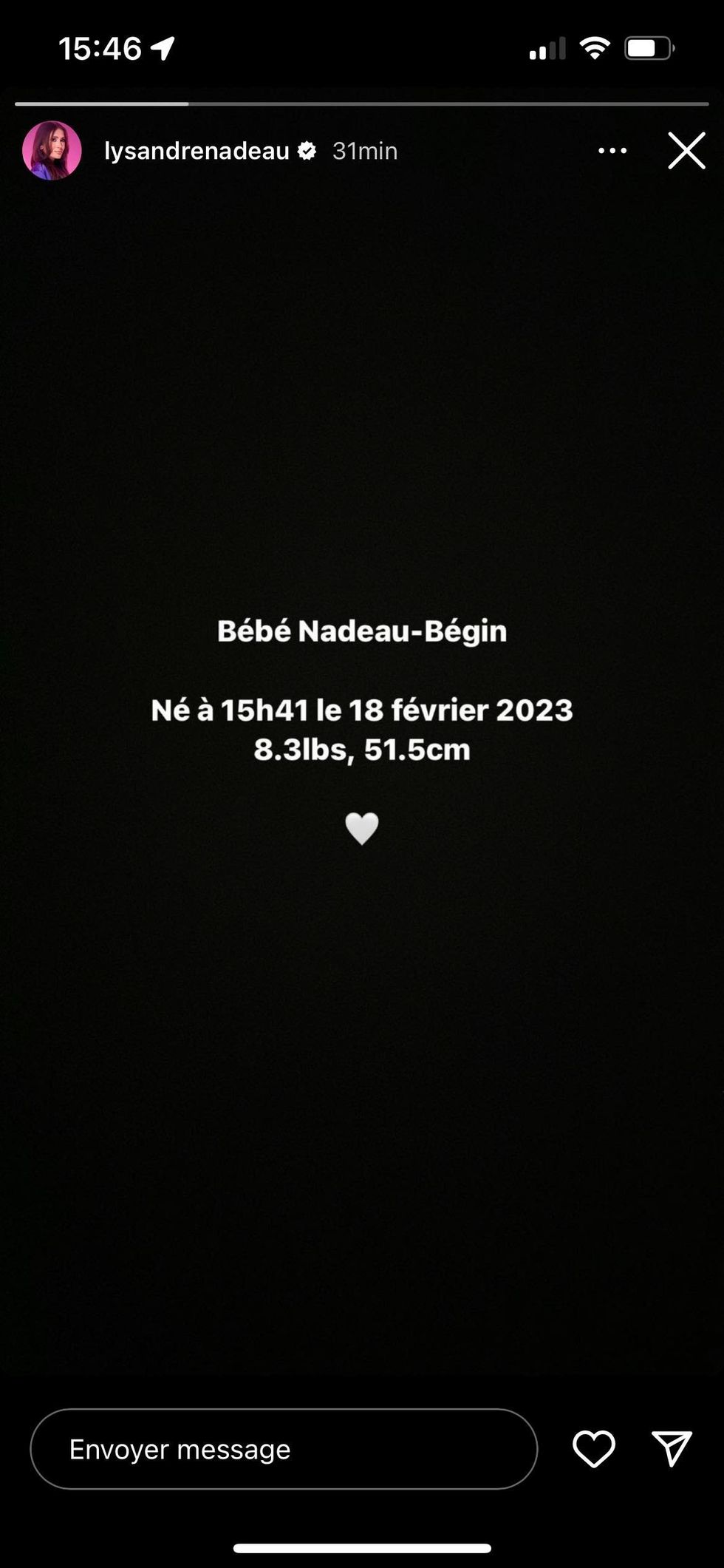 Story Instagram de Lysandre Nadeau.