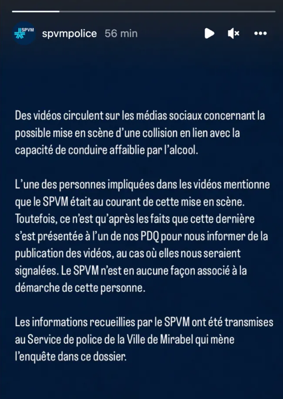 Story Instagram du SPVM.
