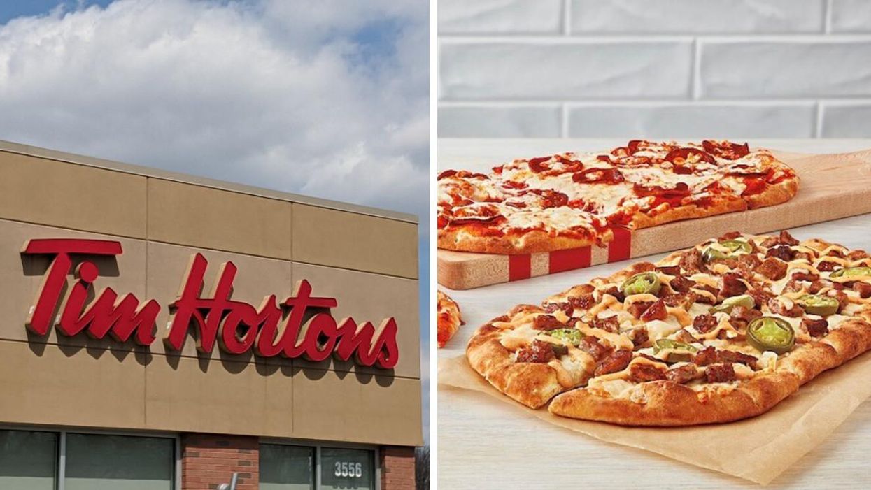 Succursale Tim Hortons. Droite : Les pizzas du Tim Hortons.
