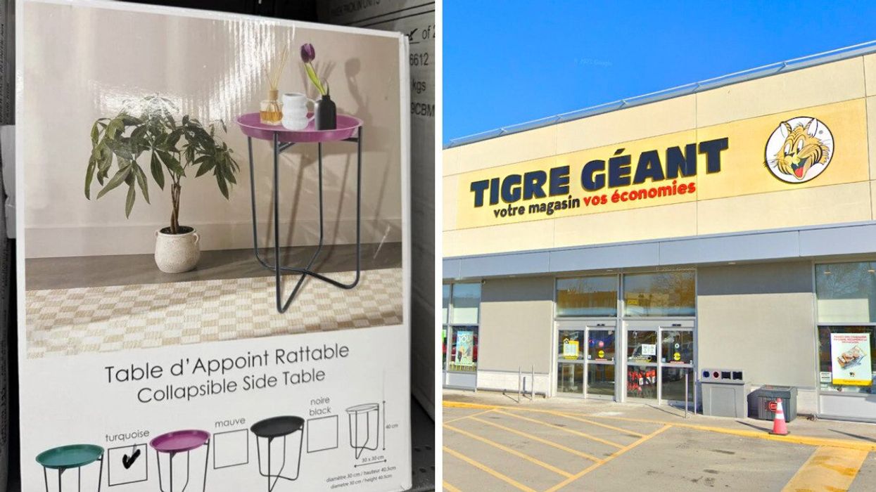 Table d'appoint pliable avec plateau coloré. Droite :Façade d'un magasin Tigre Géant.