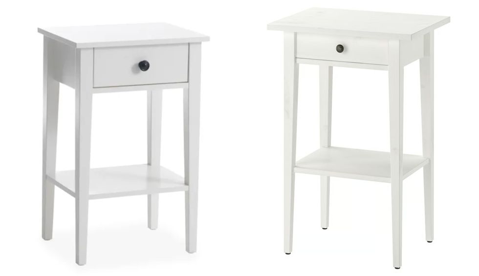 Table de chevet blanche du Jysk. Table de chevet blanche du IKEA.