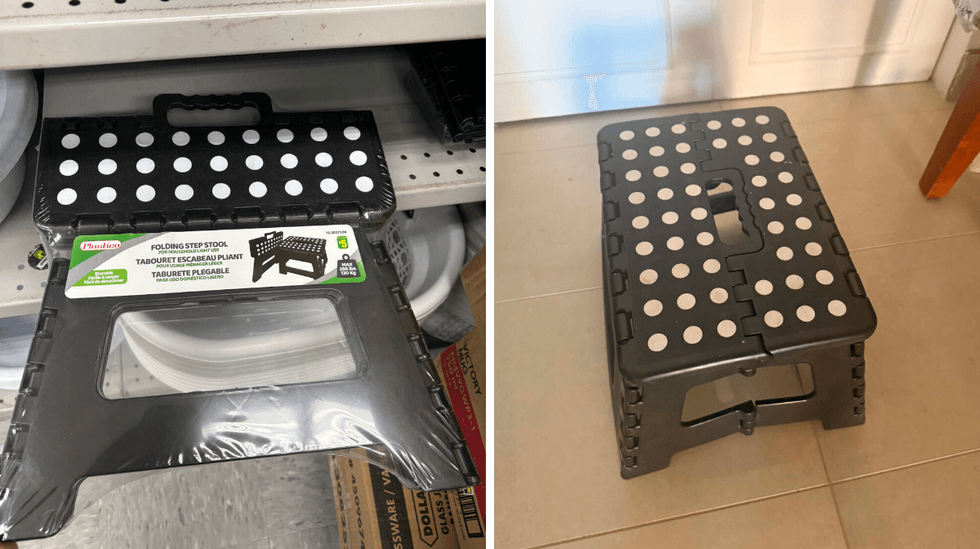 Tabouret pliant devant les tablettes du Dollarama. Droite : tabouret au sol.