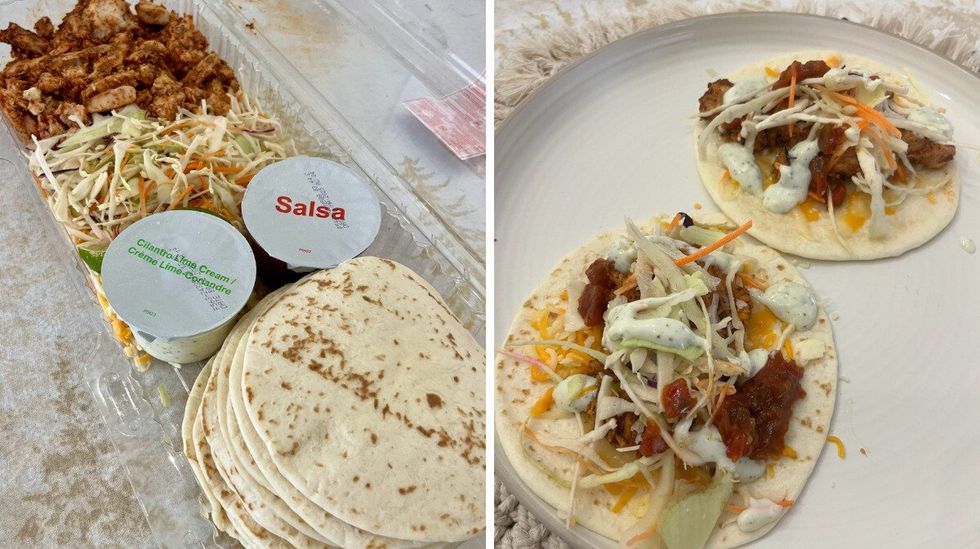 Tacos au poulet du Costco dans leur emballage. Droite : les tacos pr\u00e9par\u00e9s.