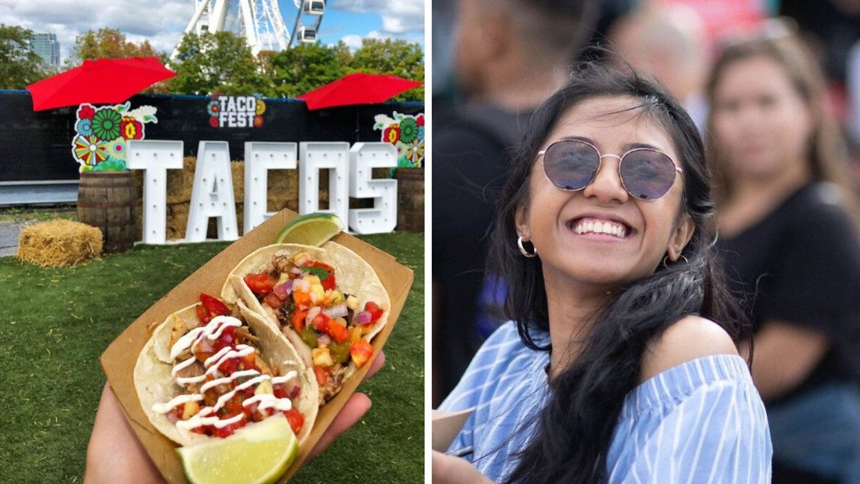 Tacos du festival Taco Fest de Montréal. Droite : Une femme au Taco Fest de Montréal.
