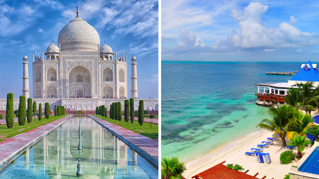 Taj Mahal en Inde. Droite : Plage au Mexique.
