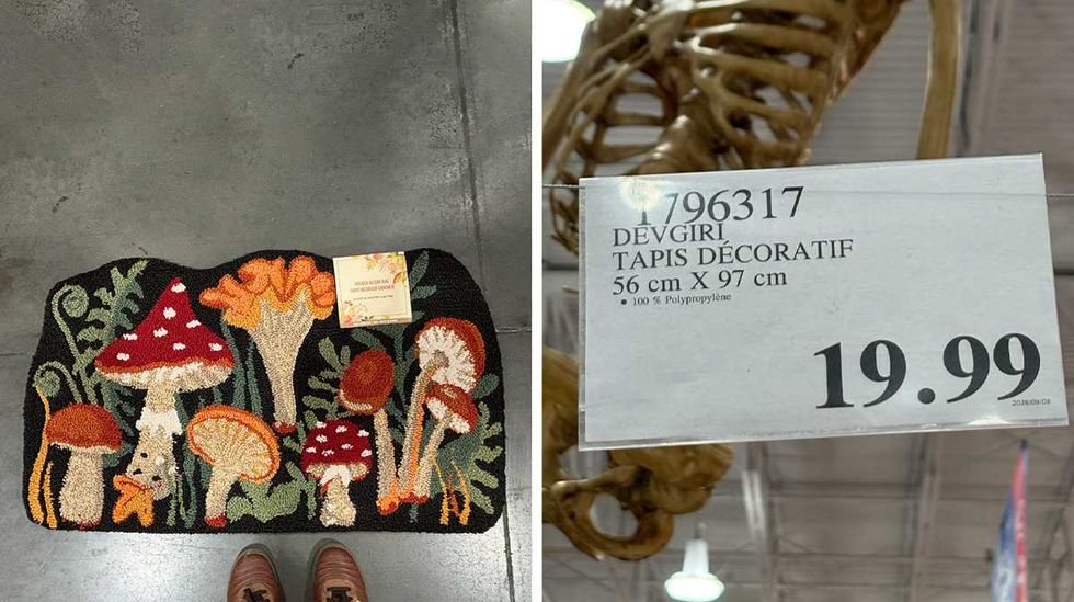 Tapis d\u00e9coratif avec champignons chez Costco. Droite : Affiche de prix Costco pour le tapis d\u00e9coratif Devgiri.