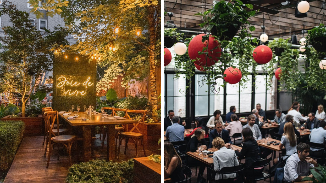Terrasse de Maison Boulud le soir. Droite : Terrasse du Jatoba.