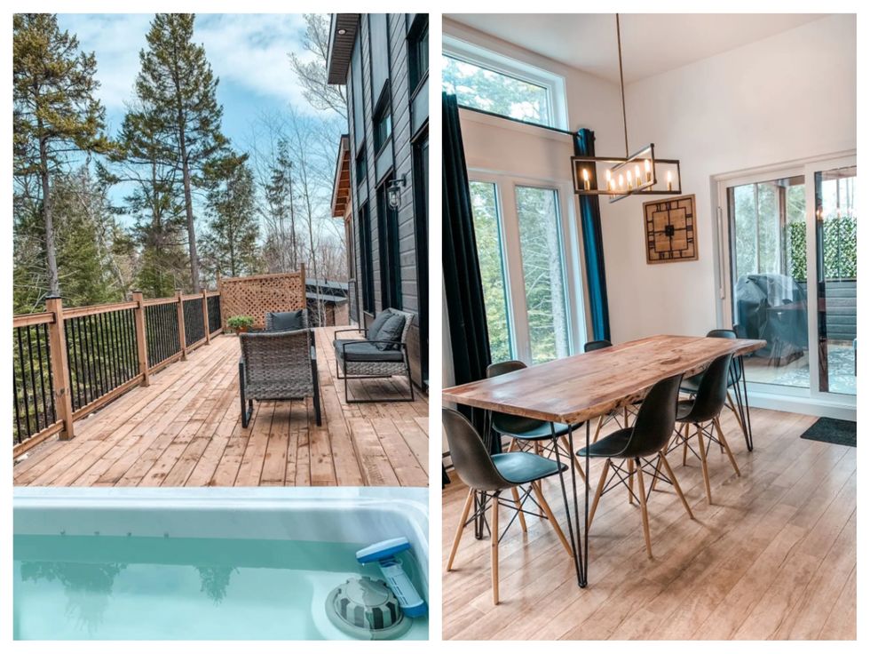 Terrasse et jacuzzi d'un chalet \u00e0 Chertsey. Droite : Salle \u00e0 manger d'un chalet \u00e0 Chertsey.