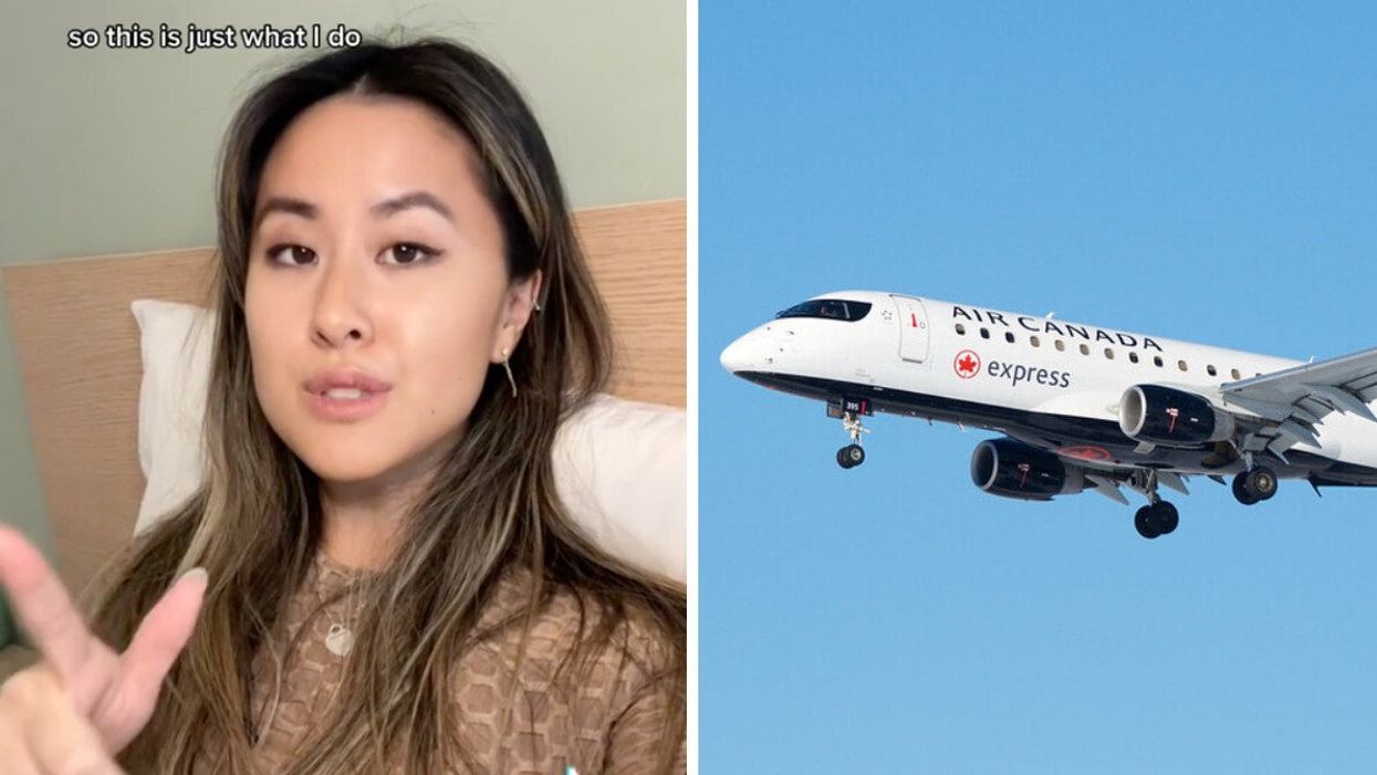 Tiktokeuse canadienne. Droite : Avion Air Canada.