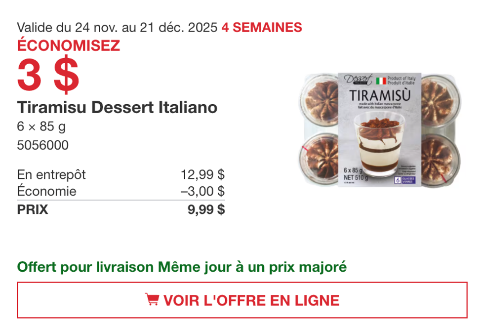 Tiramisu Dessert Italiano 6 x 85 g sur le site de Costco.