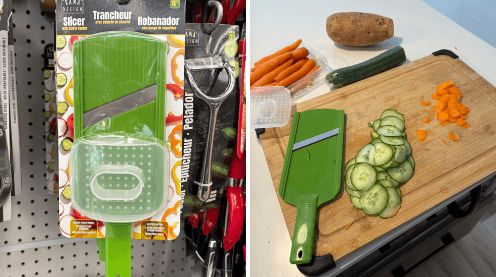 Trancheur avec poign\u00e9e de s\u00e9curit\u00e9 sur les \u00e9tag\u00e8res du Dollarama. Droite : trancheur avec poign\u00e9es de s\u00e9curit\u00e9 dans une cuisine sur une planche de bois avec des l\u00e9gumes.