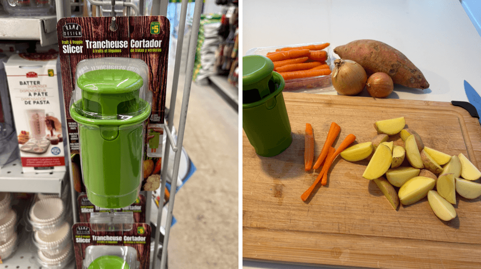 Trancheuse \u00e0 fruits et l\u00e9gumes sur les \u00e9tag\u00e8res du Dollarama. Droite : trancheuse \u00e0 fruits et l\u00e9gumes sur une planches de bois accompagn\u00e9e de carottes et de patates.