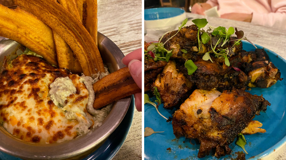 Trempette avec plantain. Droite : Poulet jerk.