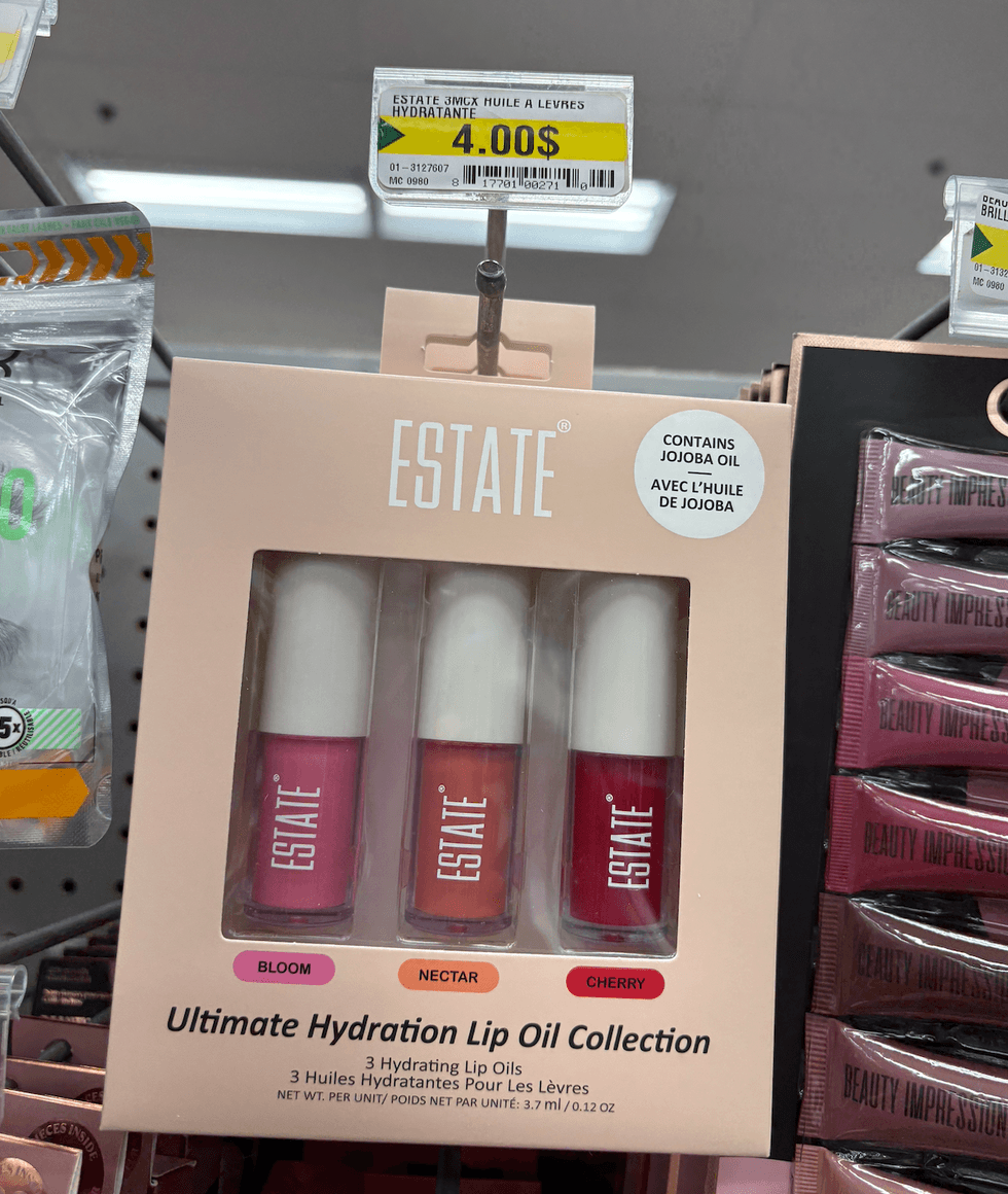 Trio d'huiles hydratantes pour les l\u00e8vres sur les \u00e9tag\u00e8res du Dollarama.