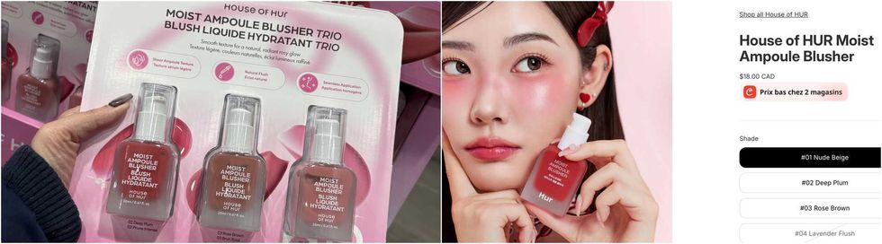 Trio de fards \u00e0 joues ampoule hydratants House of HUR chez Costco. Droite : Un seul fard \u00e0 joues House of HUR sur le site THEKSHOP.