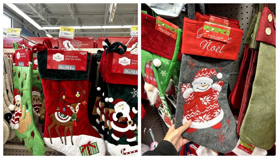 Trois bas de No\u00ebl verts et rouges avec des personnages de No\u00ebl. Droite : Trois bas de No\u00ebl verts, rouges et gris avec des personnages de No\u00ebl.