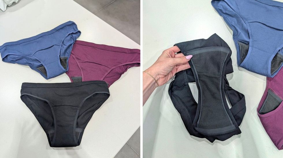 Trois culottes menstruelles de couleurs noir, bleu et rose-mauve de marque Knix vendues dans le rayon mode chez Costco. Droite : meilleure vue de la protection absorbante des culottes menstruelles Knix vendues dans le rayon mode chez Costco.