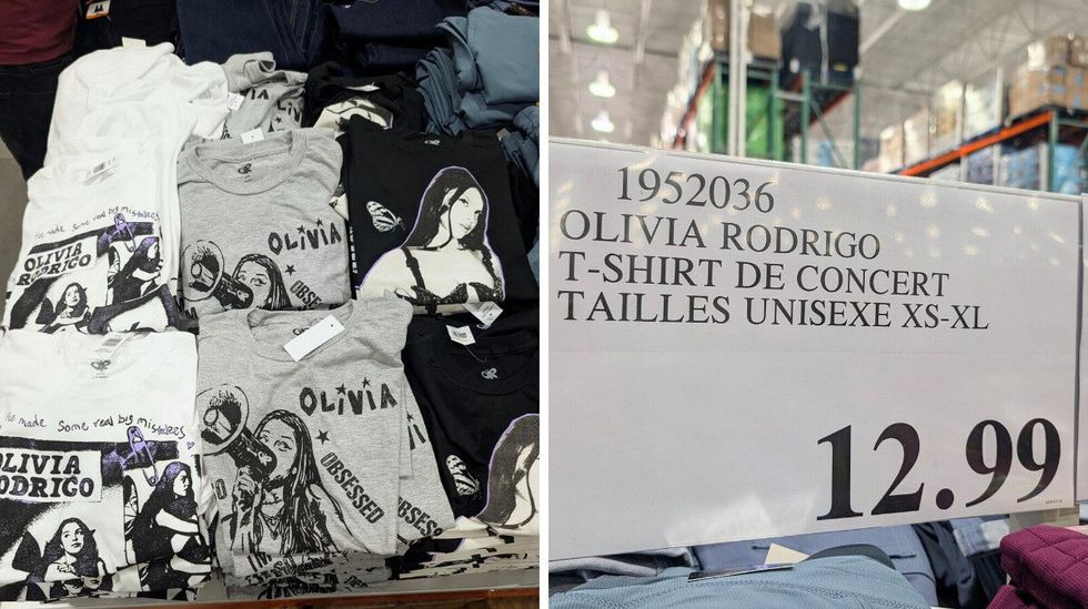 Trois mod\u00e8les de t-shirts \u00e0 l'effigie d'Olivia Rodrigo vendus chez Costco. Droite : affiche du prix des t-shirts Olivia Rodrigo vendus chez Costco, d\u00e9taill\u00e9s \u00e0 12,99 $.