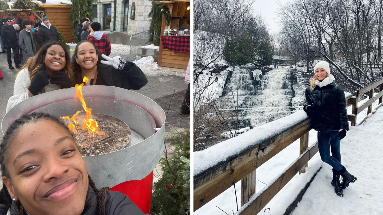 Trois personnes au Marché de Noël allemand de Québec. Droite : Une personne devant une chute à Québec.