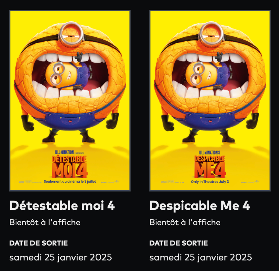 \u00ab D\u00e9testable moi 4 \u00bb sur la page Films en famille de Cineplex.