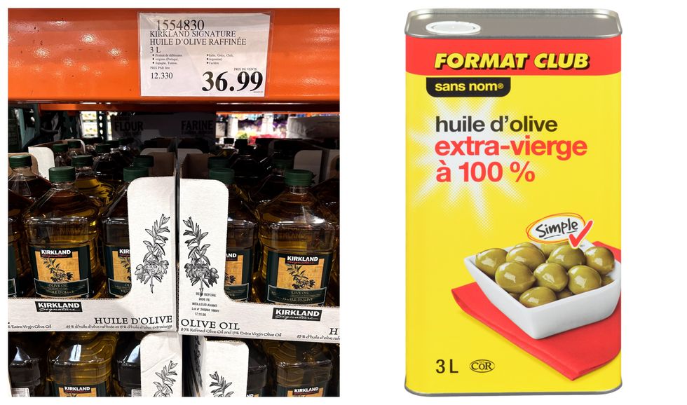 \u00c9talage de contenants d'huile d'olive Kirkland. Droite : Contenant d'huile d'olive Sans Nom.