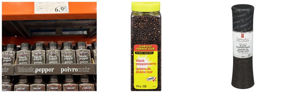 \u00c9talage de contenants de poivre Kirkland. Centre et droite : Contenants de poivre Sans Nom et Choix du Pr\u00e9sident.