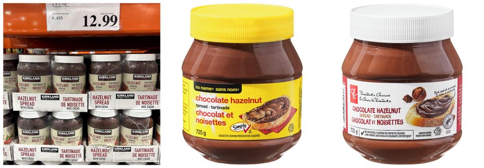 \u00c9talage de tartinade aux noisettes Kirkland. Centre et droite : Contenants de tartinade aux noisettes Sans Nom et Choix du Pr\u00e9sident.