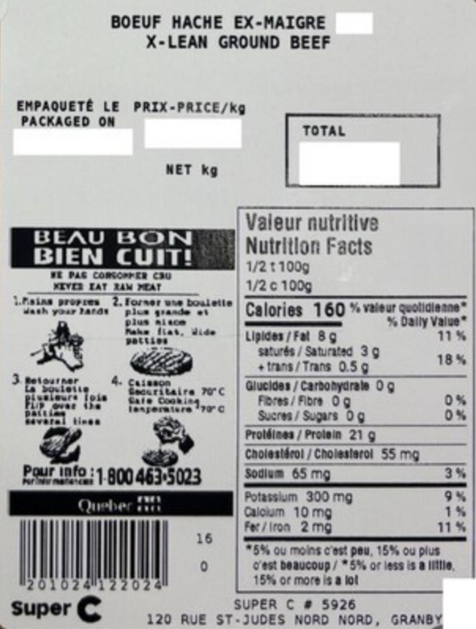 \u00c9tiquette de boeuf hach\u00e9 extra maigre.