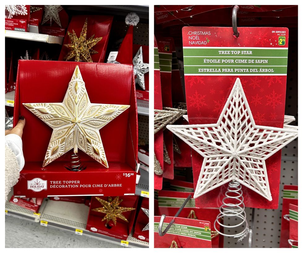 \u00c9toile de sapin de No\u00ebl dor\u00e9e et blanche dans une boite rouge. Droite : \u00c9toile de sapin de No\u00ebl blanche scintillante sur un carton rouge et vert.