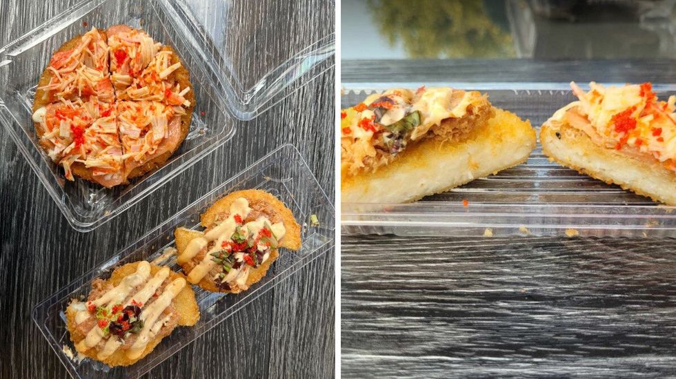 \u200b\u200bPizza sushi de Sushi Shop en haut et deux mini pizzas sushi de Yuzu Sushi en bas. Droite : Vue de c\u00f4t\u00e9, Yuzu Sushi \u00e0 gauche et Sushi Shop \u00e0 droite.