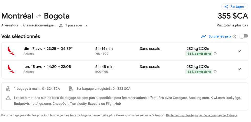 \u200b\u200bVol de Montr\u00e9al vers Bogota sur le site de Google flights.