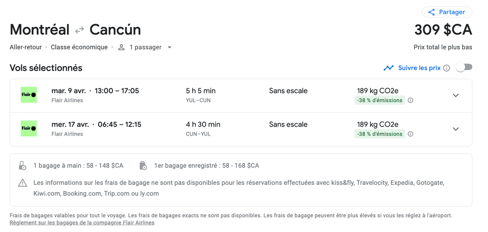 \u200b\u200bVol de Montr\u00e9al vers Cancun sur le site de Google flights.