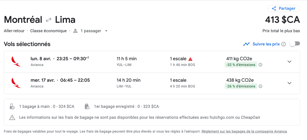 \u200b\u200bVol de Montr\u00e9al vers Lima au P\u00e9rou sur le site de Google flights.