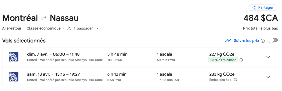 \u200b\u200bVol de Montr\u00e9al vers Nassau sur le site de Google flights.