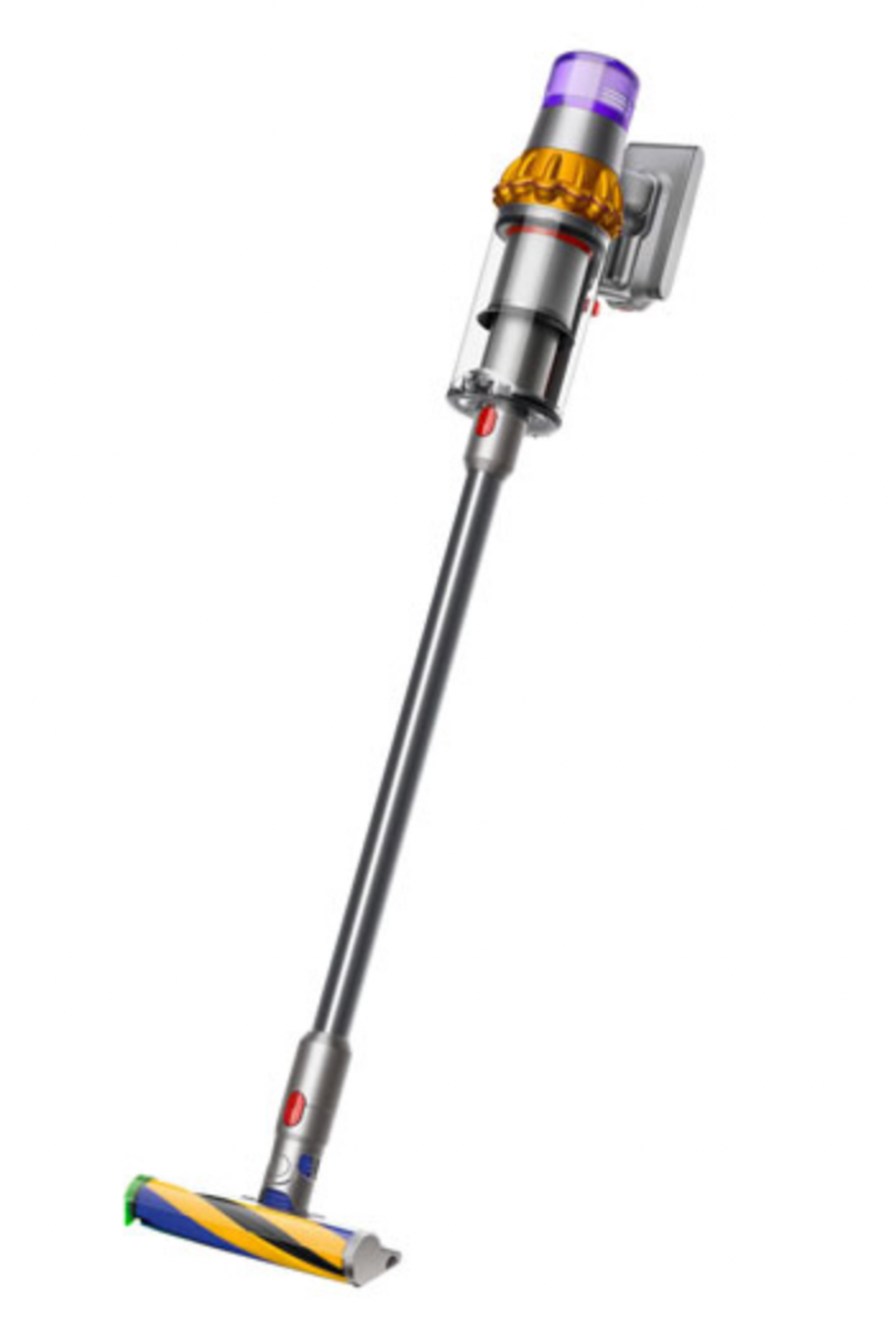 \u200bAspirateur-balai sans fil Dyson au manche argent\u00e9.