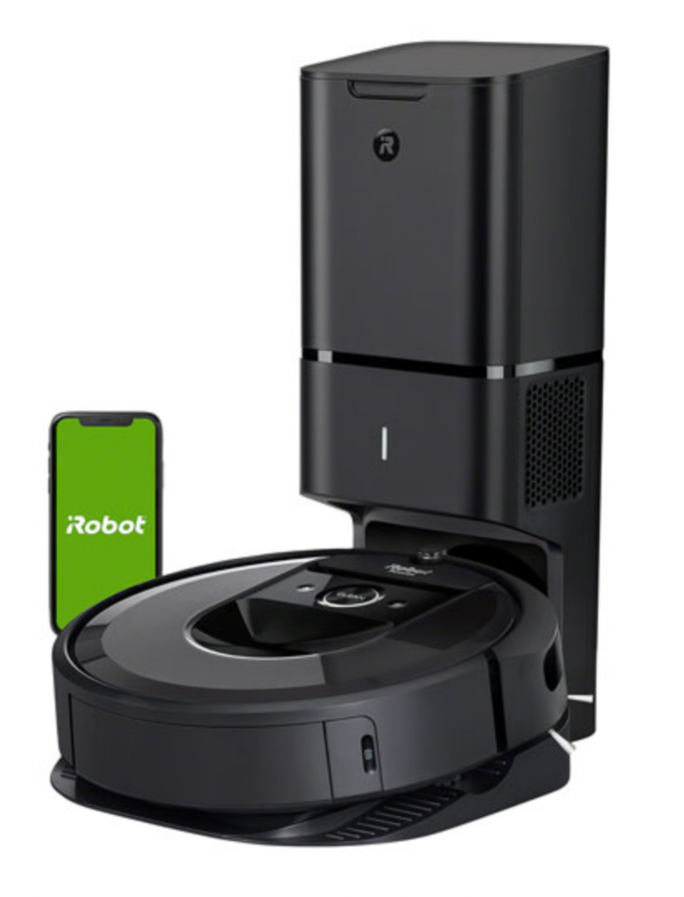 \u200bAspirateur robot Roomba noir avec sa base de chargement noire et un t\u00e9l\u00e9phone pour illustrer l'application mobile.