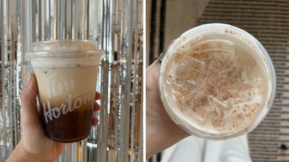 \u200bCaf\u00e9 infus\u00e9 \u00e0 froid Baileys du Tim Hortons devant mur argent\u00e9. droite : haut du \u200bcaf\u00e9 infus\u00e9 \u00e0 froid Baileys du Tim Hortons