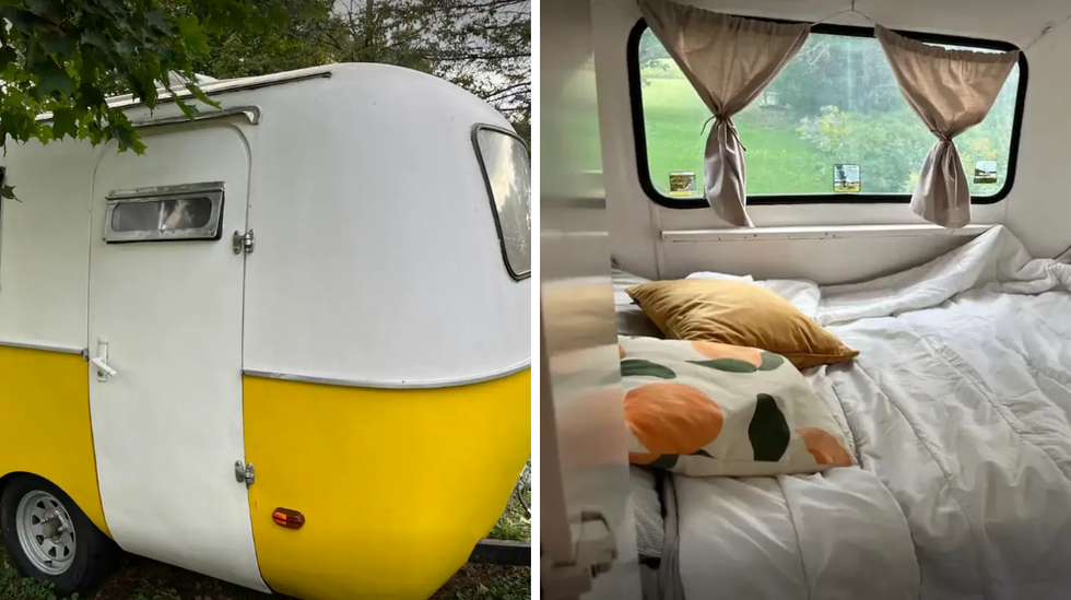 \u200bCaravane. Droite : Int\u00e9rieur de la caravane.