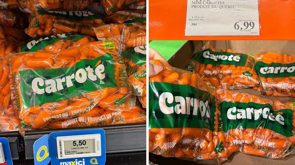 \u200bCarottes miniatures en vente au Maxi. Droite : Carottes miniatures en vente au Costco.