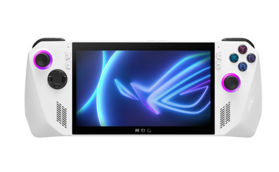 \u200bConsole de jeu tactile blanche d'ASUS allum\u00e9e sur l'\u00e9cran d'accueil.