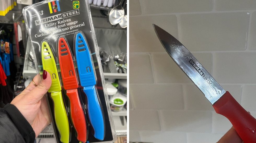 \u200bCouteaux tout usage du Dollarama dans leur emballage. Droite : Un couteau du Dollarama \u00e0 manche rouge.