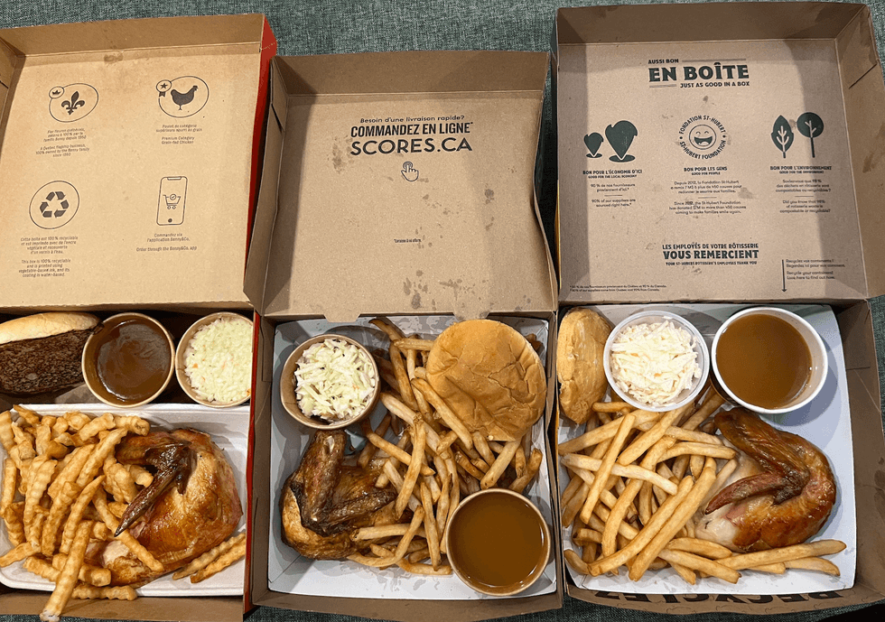 \u200bDans l'ordre de gauche \u00e0 droite : Bo\u00eete du Benny & Co., Scores et St-Hubert.