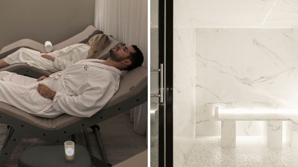 \u200bDeux personnes se relaxant au Spa William Gray. Droite : L'espace int\u00e9rieur du Spa William Gray.