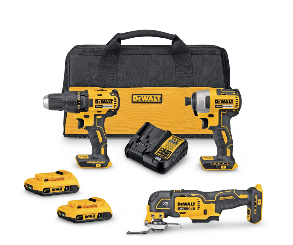 \u200bEnsemble d\u2019outils sans fil 20 V MAX DEWALT \u2013 Perceuse, tournevis \u00e0 percussion et outil oscillant.