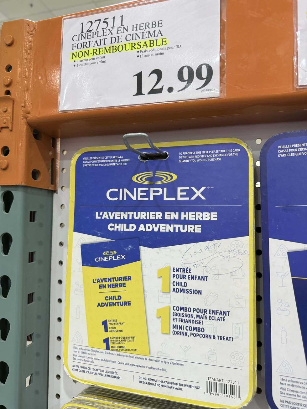 \u200bForfait pour enfant au Cineplex en vente pour 12,99 $ chez Costco.