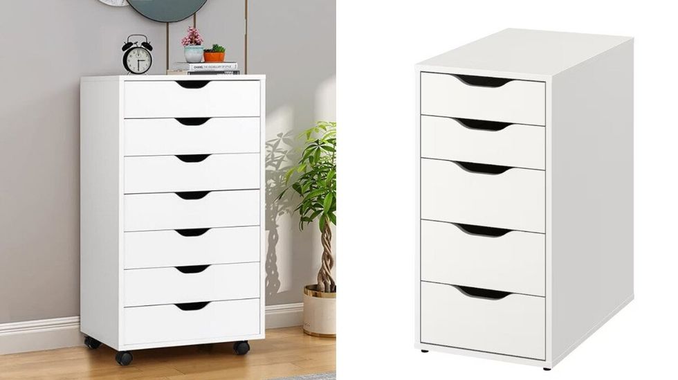 \u200bIFANNY Classeur \u00e0 7 tiroirs du Amazon. Droite : ALEX Caisson \u00e0 tiroirs du IKEA.
